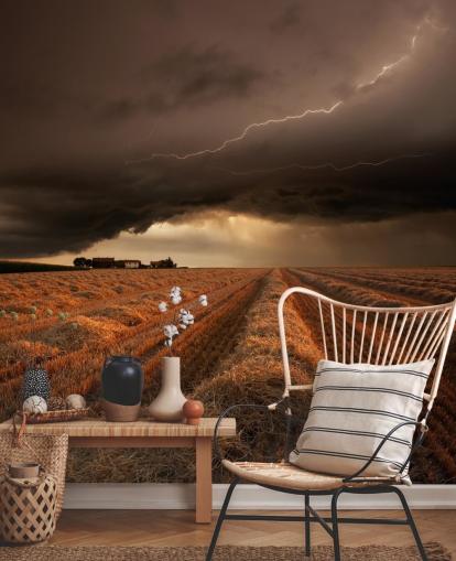Lightening Above Hay Field Wall Mural