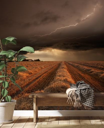 Lightening Above Hay Field Wall Mural