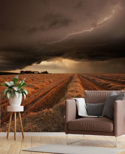 Lightening Above Hay Field Wall Mural