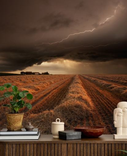 Lightening Above Hay Field Wall Mural