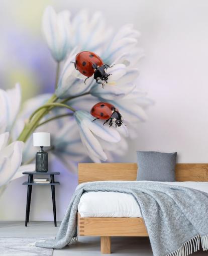 Decorazione murale con coccinelle su fiori bianchi Decorazione murale con coccinelle su fiori bianchi