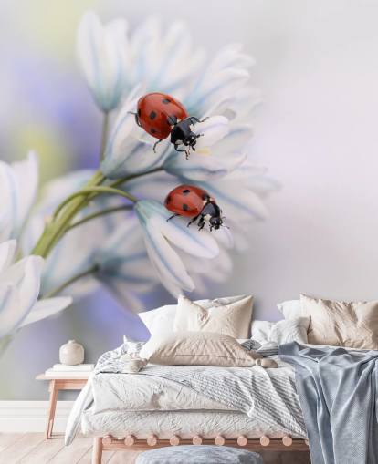 Ladybirds on White Flowers Wall Mural
