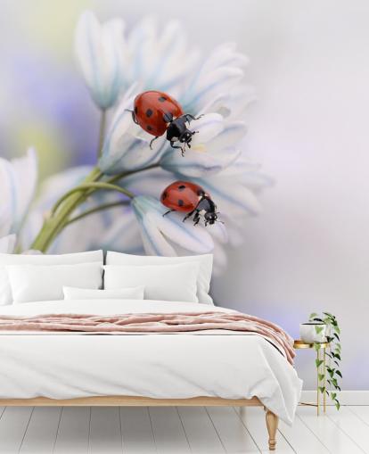 Ladybirds on White Flowers Wall Mural