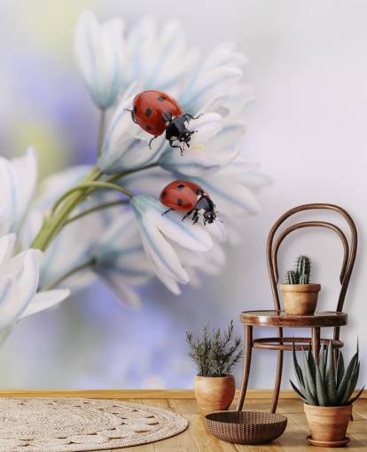 Ladybirds on White Flowers Wall Mural