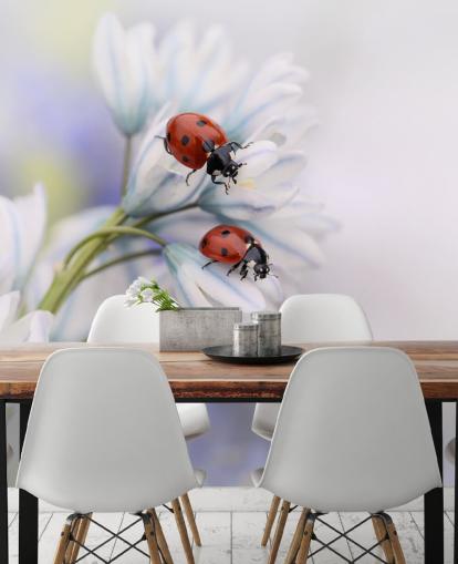Ladybirds on White Flowers Wall Mural