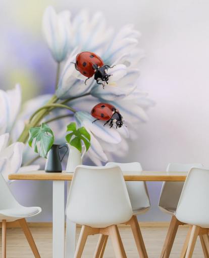 Ladybirds on White Flowers Wall Mural