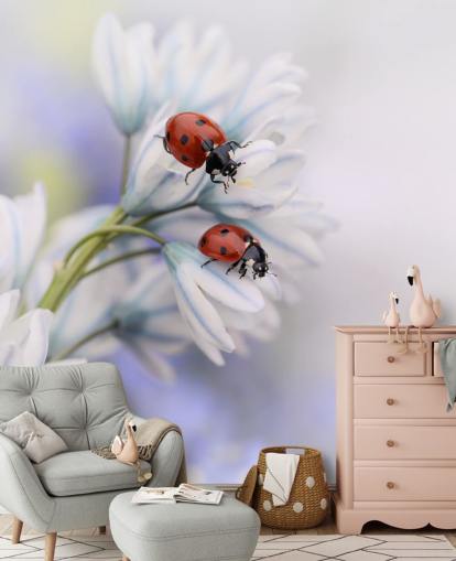 Ladybirds on White Flowers Wall Mural