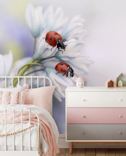 Ladybirds on White Flowers Wall Mural