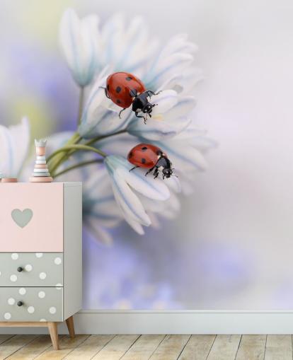 Ladybirds on White Flowers Wall Mural