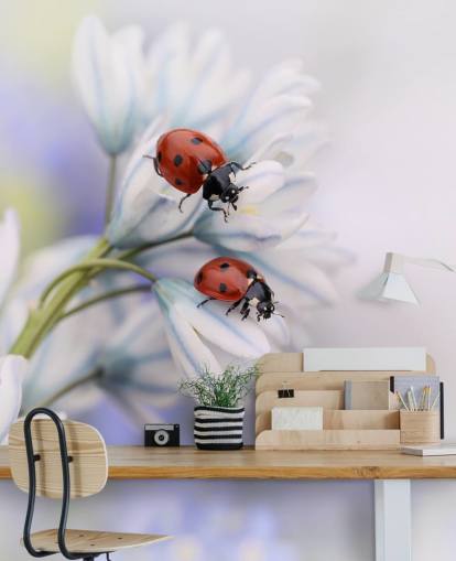 Ladybirds on White Flowers Wall Mural