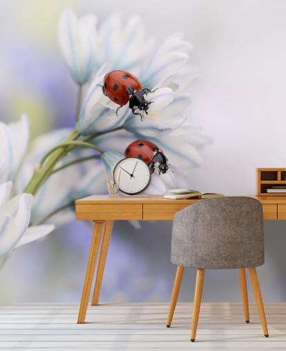 Ladybirds on White Flowers Wall Mural