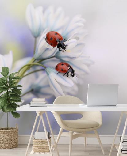 Ladybirds on White Flowers Wall Mural