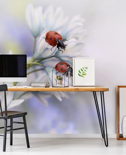 Ladybirds on White Flowers Wall Mural