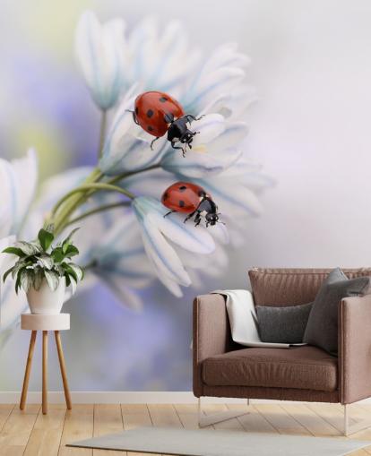 Ladybirds on White Flowers Wall Mural