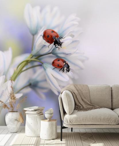 Ladybirds on White Flowers Wall Mural
