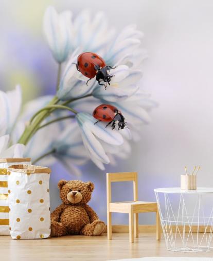 Ladybirds on White Flowers Wall Mural