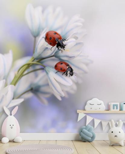Ladybirds on White Flowers Wall Mural