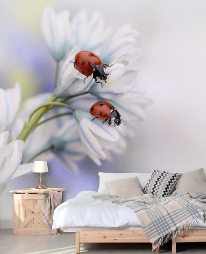 Ladybirds on White Flowers Wall Mural