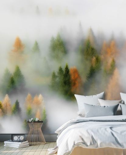 Decorazione murale con foresta nebbiosa autunnale