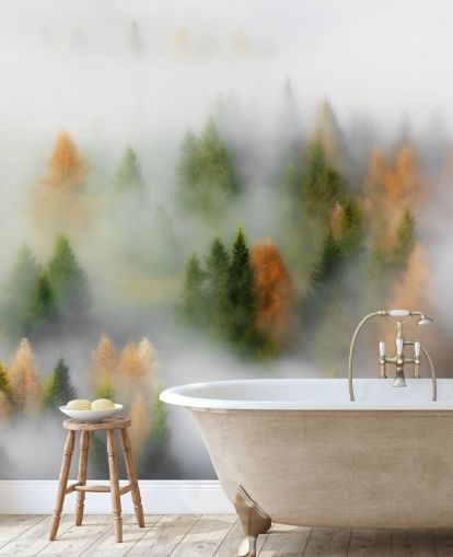 Decorazione murale con foresta nebbiosa autunnale