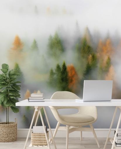 Decorazione murale con foresta nebbiosa autunnale