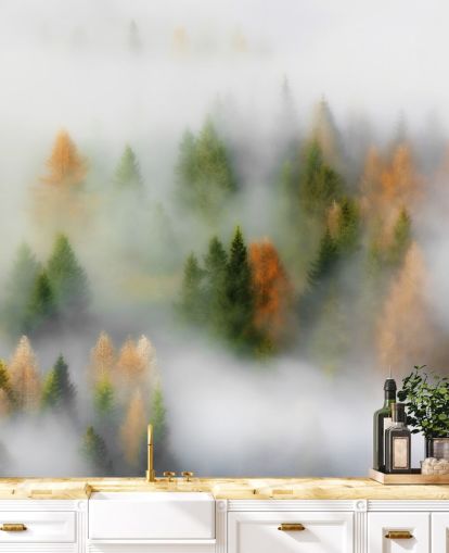 Misty Efterår Forest Vægmaleri