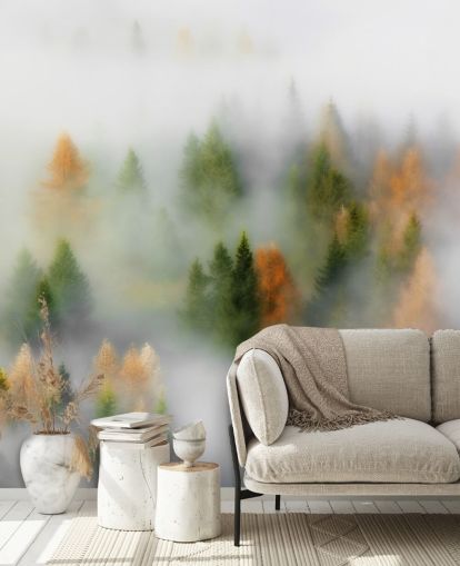 Decorazione murale con foresta nebbiosa autunnale
