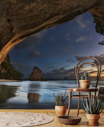 strandscene tapetmaleri kalt Cathedral Cove for stuer, soverom og hjemmekontorer