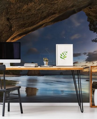 strandgezicht behangmuurschildering genaamd Cathedral Cove voor woonkamers, slaapkamers en kantoren aan huis