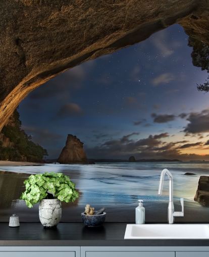 mural de papel de parede de cena de praia chamado Cathedral Cove para salas de estar, quartos e escritórios domésticos mural de papel de parede de cena de praia chamado Cathedral Cove para salas de estar, quartos e escritórios domésticos