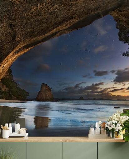 strandscen tapetväggmålning kallad Cathedral Cove för vardagsrum, sovrum och hemmakontor