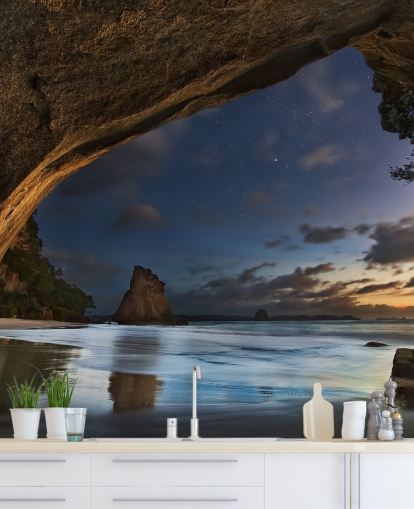 carta da parati murale con scena sulla spiaggia chiamata Cathedral Cove per salotti, camere da letto e uffici domestici carta da parati murale con scena sulla spiaggia chiamata Cathedral Cove per salotti, camere da letto e uffici domestici