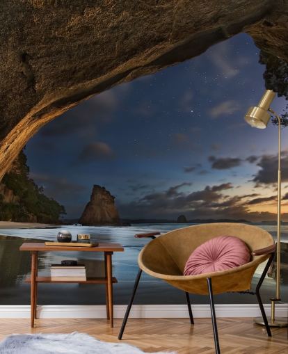 carta da parati murale con scena sulla spiaggia chiamata Cathedral Cove per salotti, camere da letto e uffici domestici