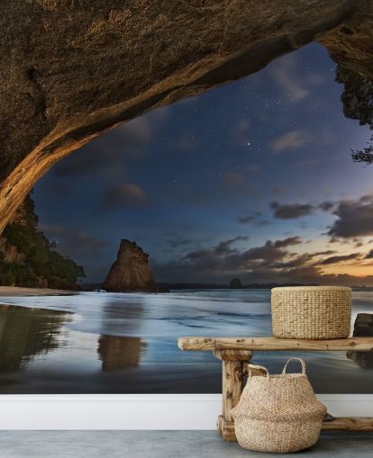 beach scene wallpaper mural called Cathedral Cove for living rooms, bedrooms and home offices
