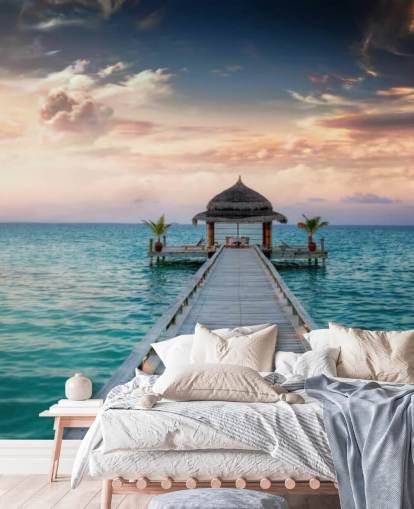 Maldives Jetty Sunrise Mural Wallpaper