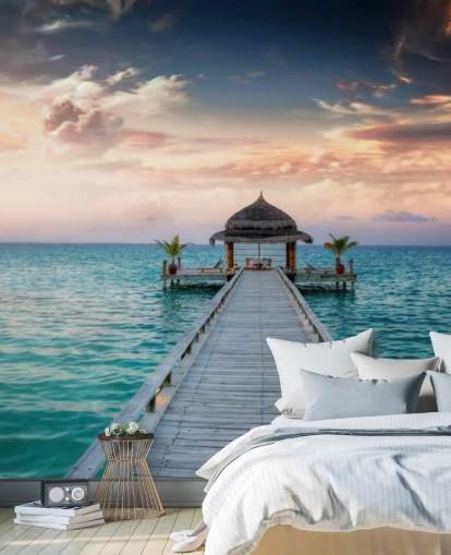 Maldives Jetty Sunrise Mural Wallpaper