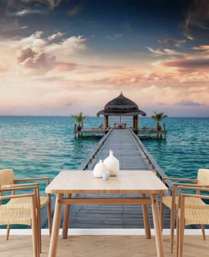 Malediven Jetty Sunrise Muurschildering Behang Malediven Jetty Sunrise Muurschildering Behang