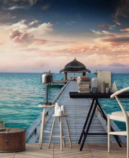 Maldives Jetty Sunrise Mural Wallpaper