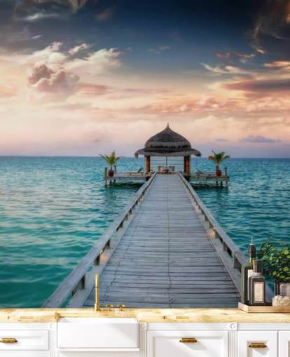 Maldives Jetty Sunrise Mural Wallpaper