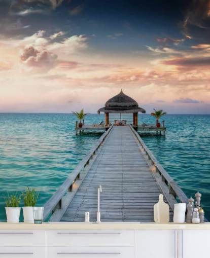 Decorazione murale con alba sul molo delle Maldive