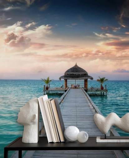 Malediven Jetty Sunrise Muurschildering Behang Malediven Jetty Sunrise Muurschildering Behang