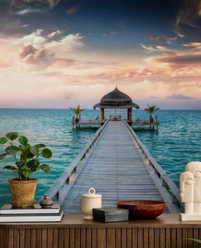Maldives Jetty Sunrise Mural Wallpaper