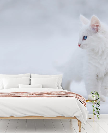 White Kitten in Snow Wall Mural