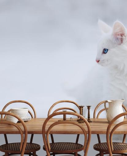 Gatinho branco no mural de parede de neve