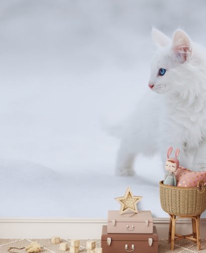 White Kitten in Snow Wall Mural