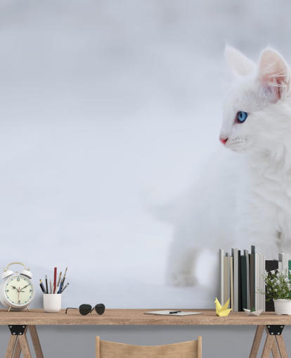 White Kitten in Snow Wall Mural White Kitten in Snow Wall Mural