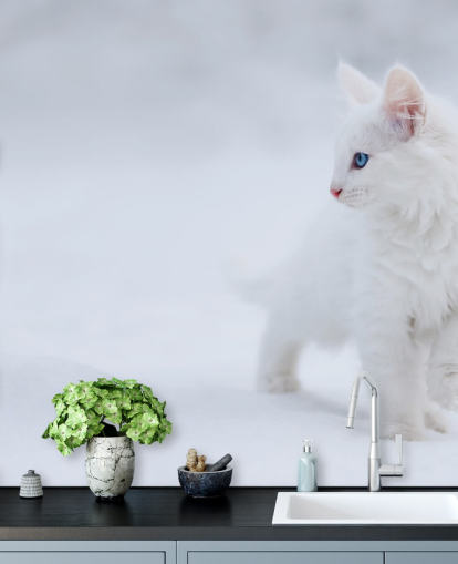 White Kitten in Snow Wall Mural