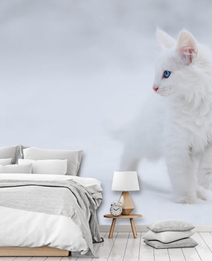White Kitten in Snow Wall Mural White Kitten in Snow Wall Mural