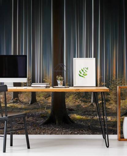 Glanzende bosboomstammen behang