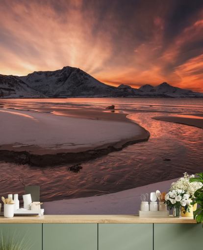 Pink Sunset Mountain River Papier Peint